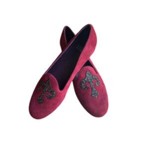 NEW Stuart Weitzman Lys Scarlet Red Flats Embellished Fleur De Lis Suede Loafers
